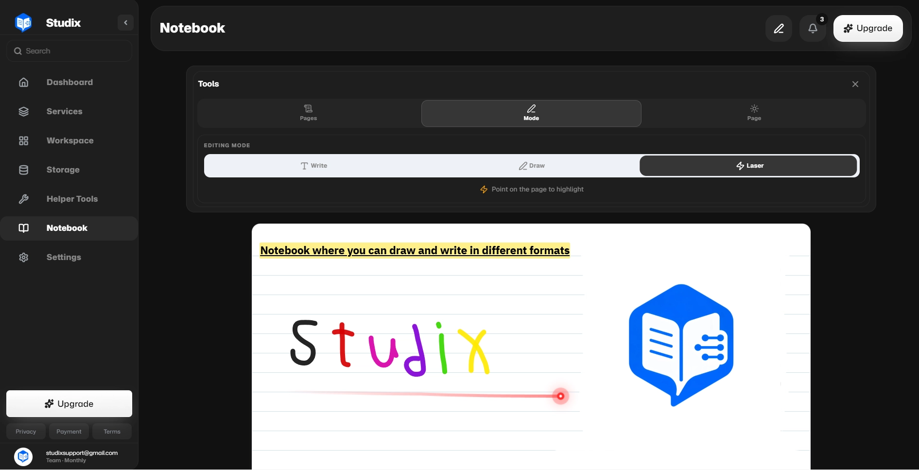 Studix Platform notebook with notes and drawing tools